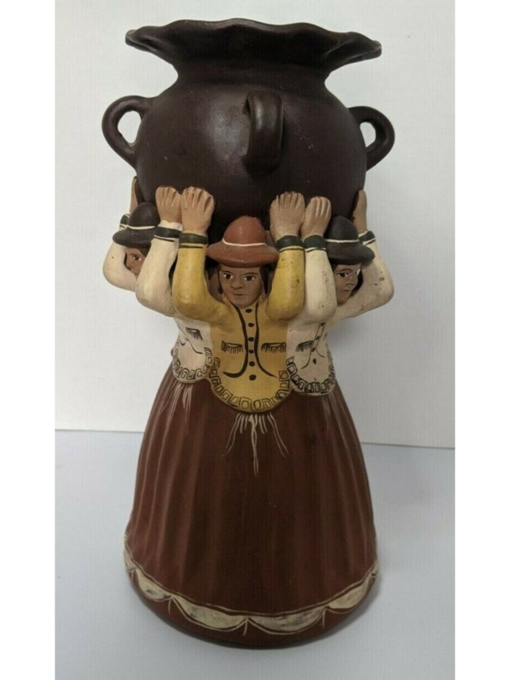 Studio Art Pottery VASE Terracotta South American Women Holding Jug Peru 11"
